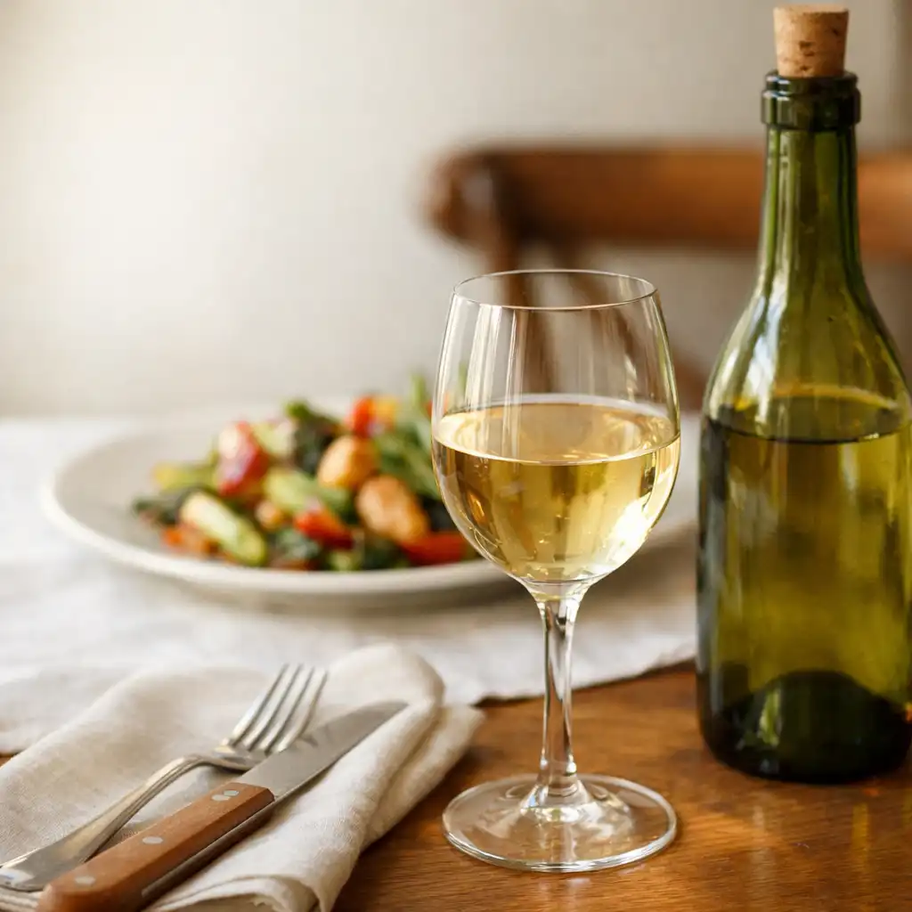 Verre de vin et table de gastro-bistro éclairée par une lumière douce