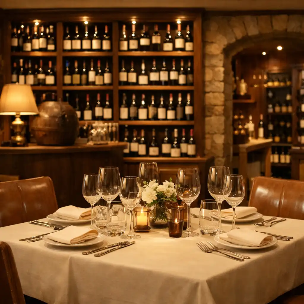 Table dressée devant une cave de restaurant aux rayonnages de bois chaleureux