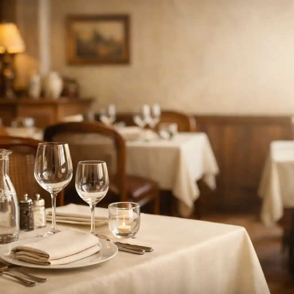 Salle de restaurant française avec une table de réception dressée, du linge ivoire et des verres à pied