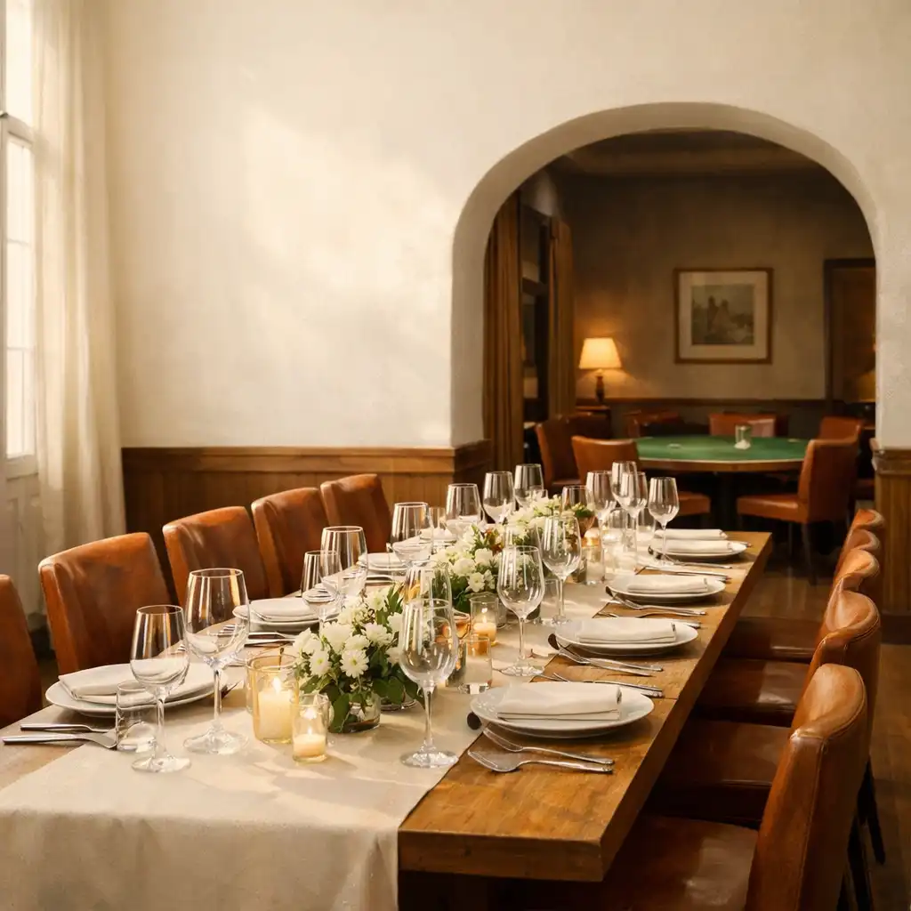 Table de banquet dressée dans un bistrot lumineux avec une arche vers un espace plus intime