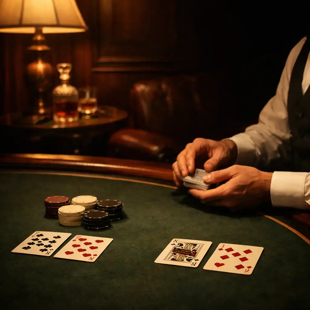 Table de cartes en feutre dans un salon privé aux tons bordeaux et bois chaud