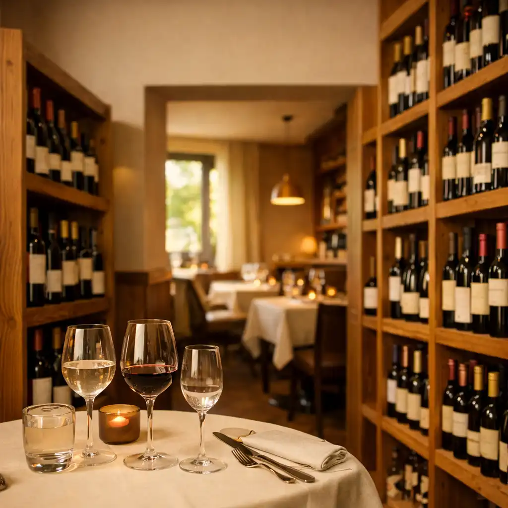 Cave chaleureuse de restaurant avec table dressée, verres fins et rayonnages en bois