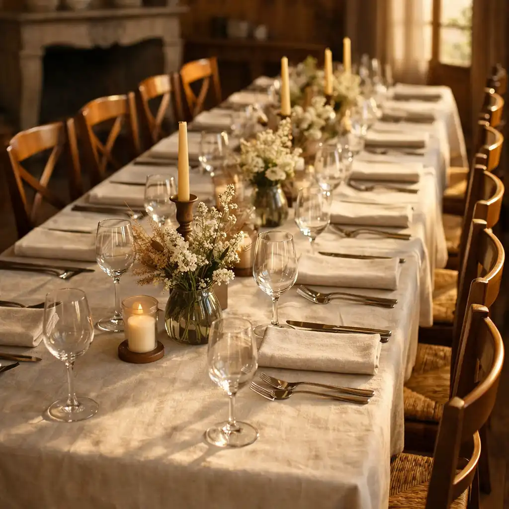Longue table de réception dressée dans une salle chaleureuse