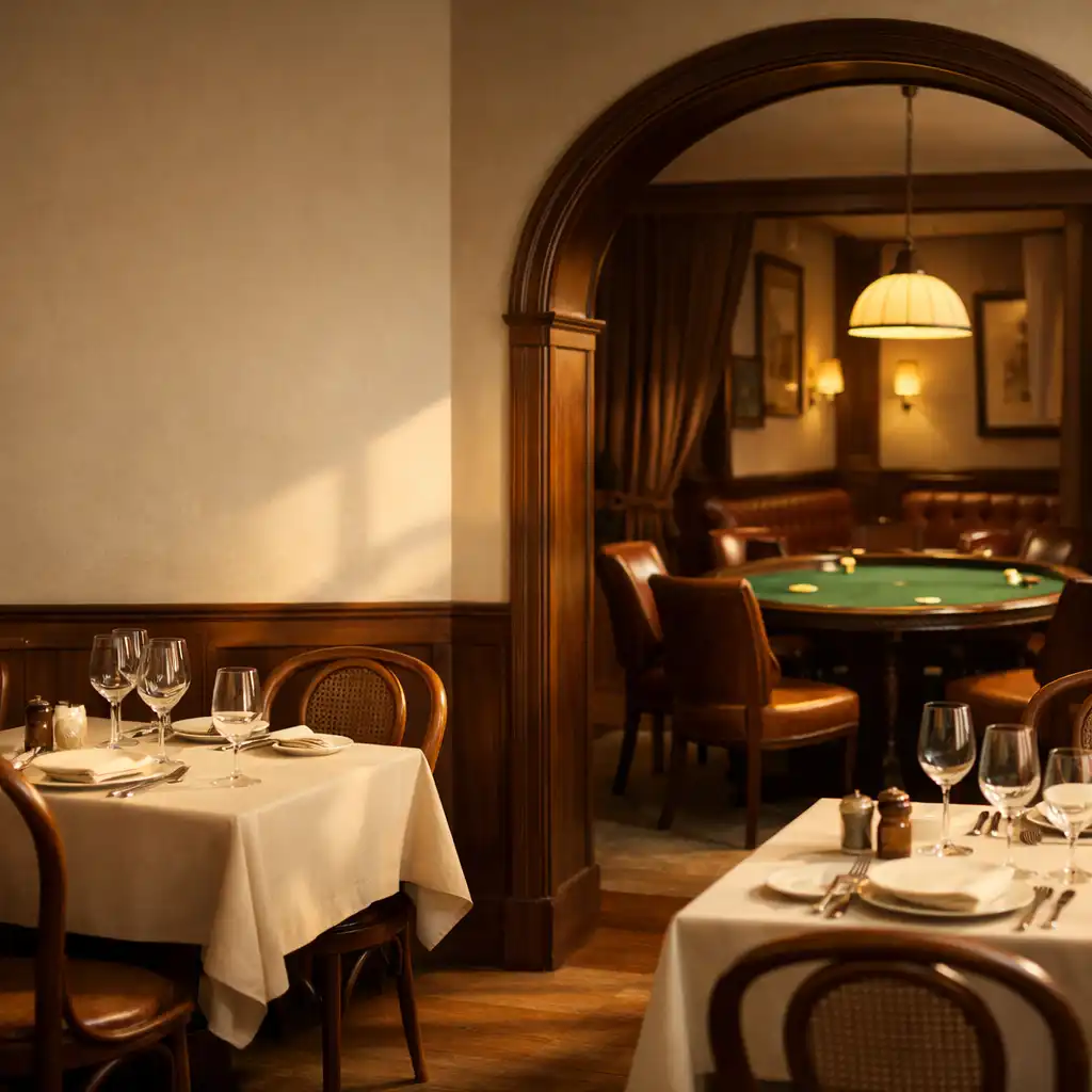 Salle de bistro lumineuse ouvrant vers un salon privé de cartes