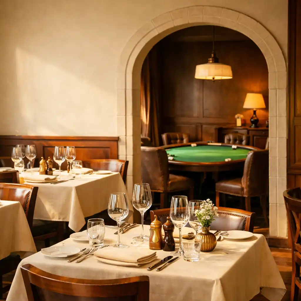 Salle lumineuse de Jorqavine avec tables dressées et arche ouverte vers le salon privé