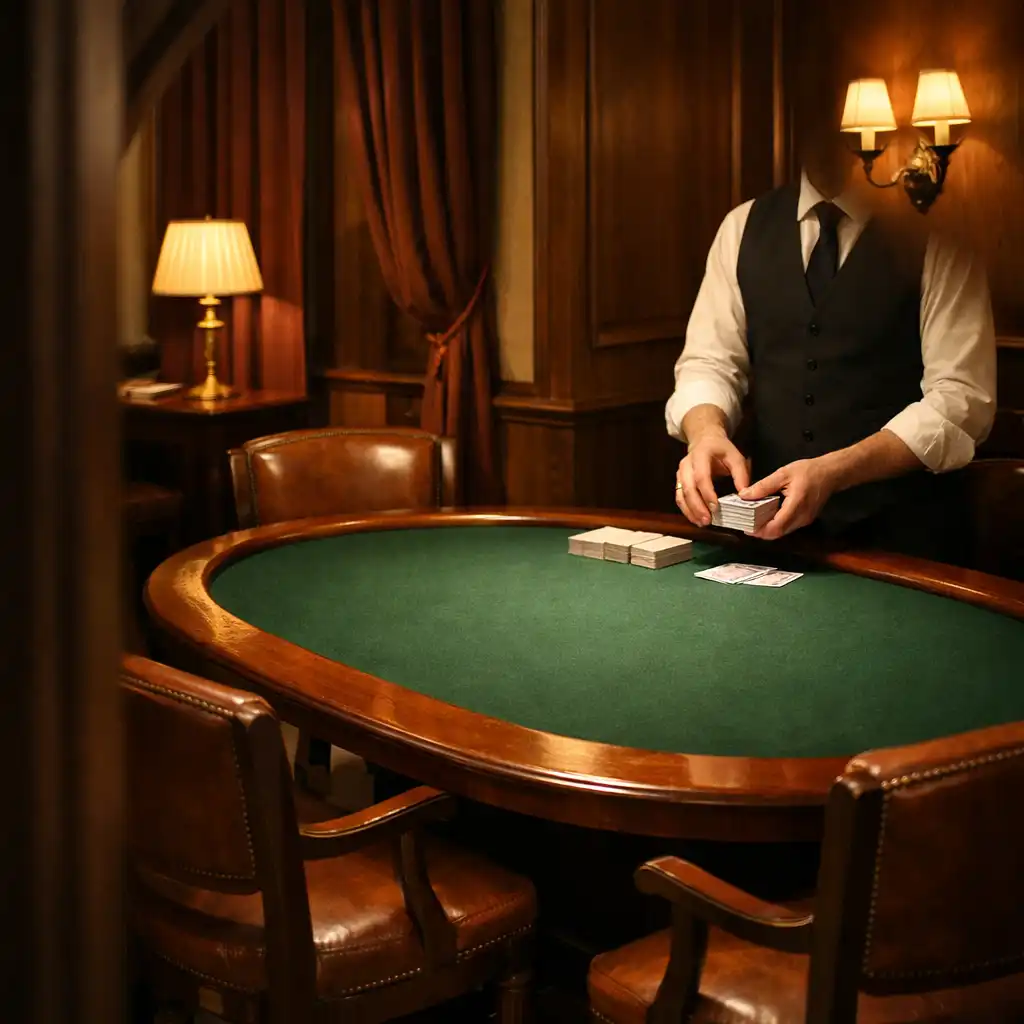 Table de poker en feutre vert dans le salon privé, préparée par les mains d'un croupier