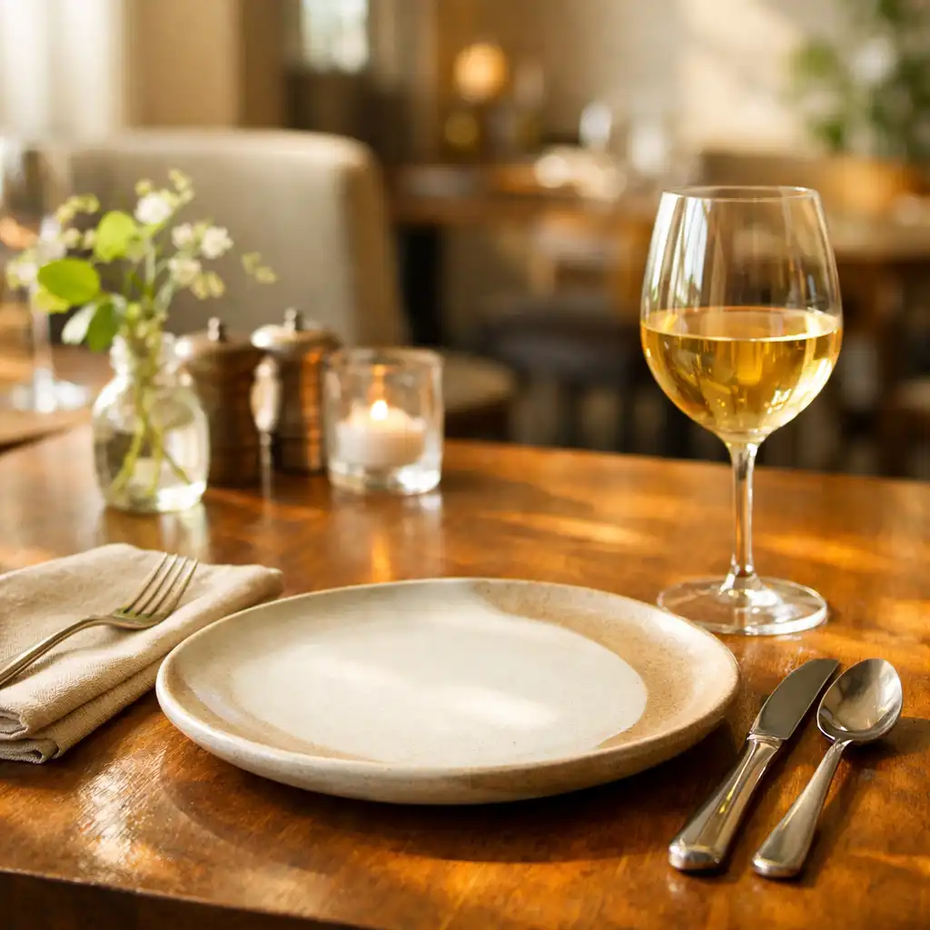Table de bistro préparée avec linge clair, assiette, couverts et verre de vin