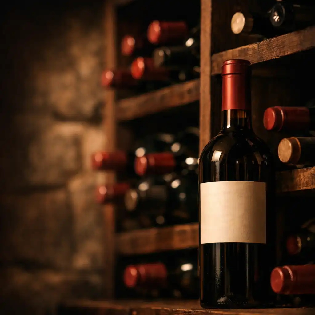 Bouteilles de vin rangées dans une cave aux casiers de bois sombre