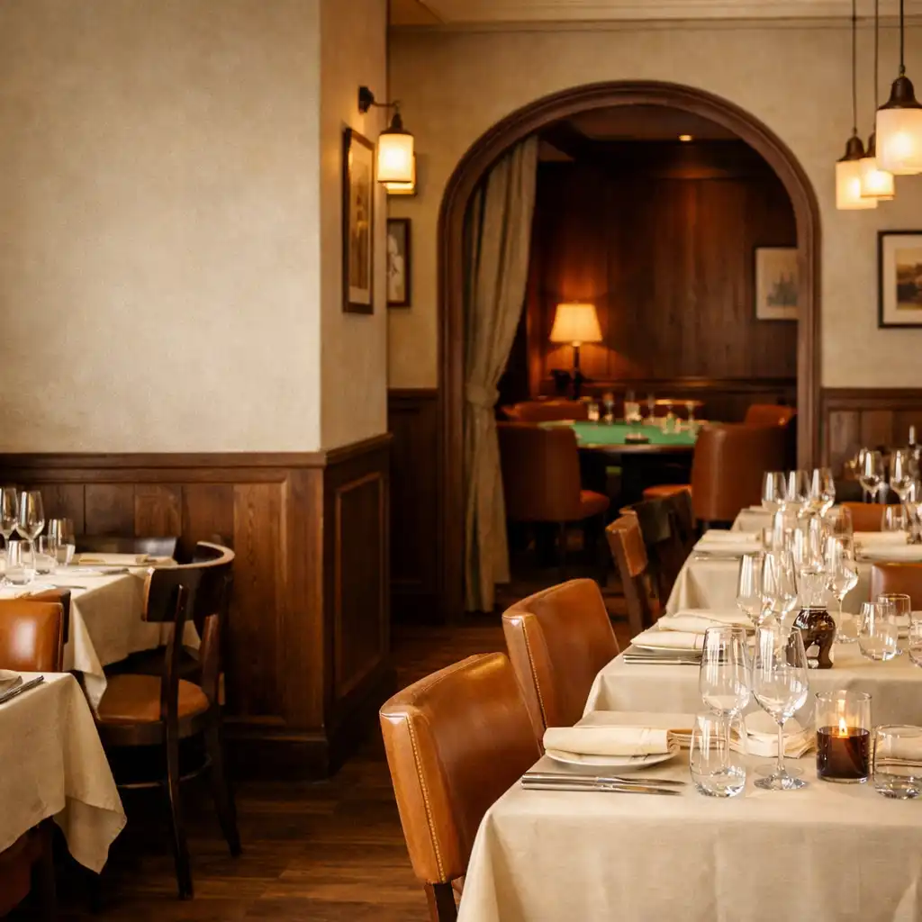 Salle lumineuse de Jorqavine avec tables dressées et arche vers un salon privé