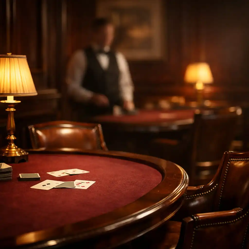 Salon privé feutré avec table de cartes en feutre bordeaux et lumière chaude