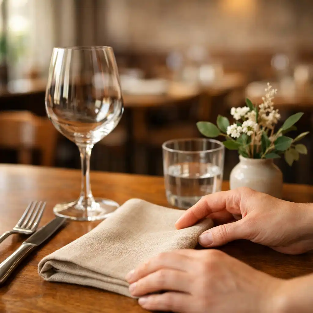 Détail d'une table de bistro avec linge champagne, verre et couvert