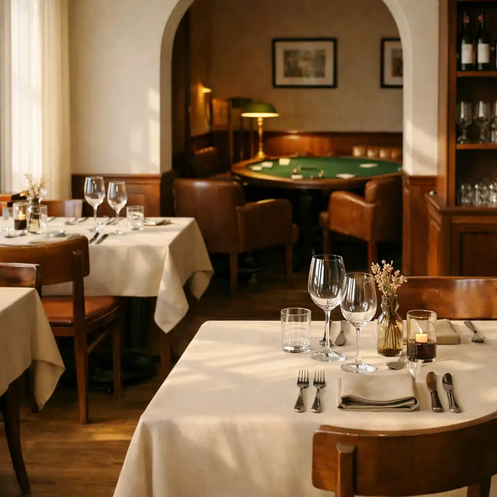 Tables dressées dans le bistro lumineux de Jorqavine, avec un salon privé aperçu au fond