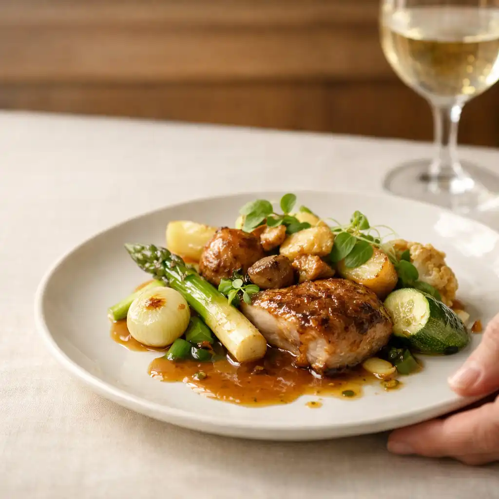 Gros plan d'une assiette de saison soigneusement dressée sur une nappe claire