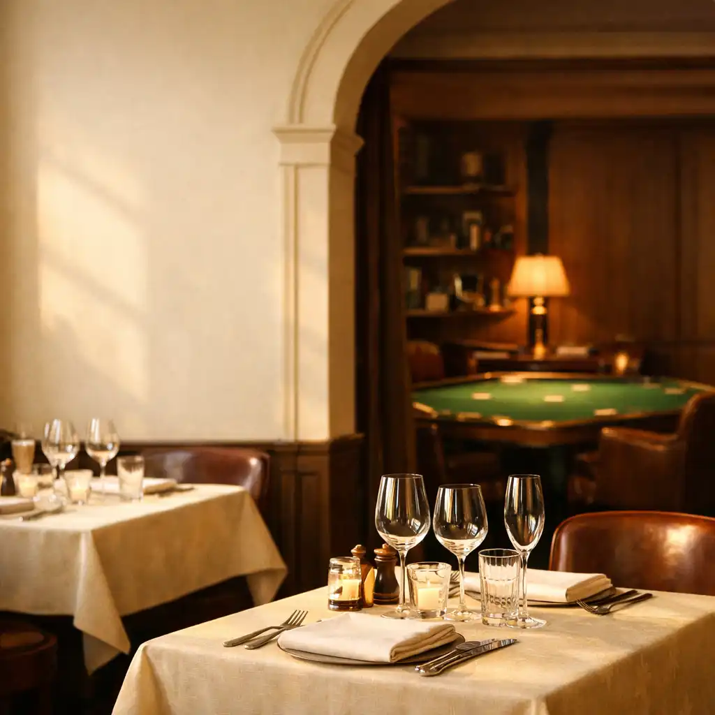 Tables dressées du bistro Jorqavine devant une arche ouvrant sur le salon privé de cartes