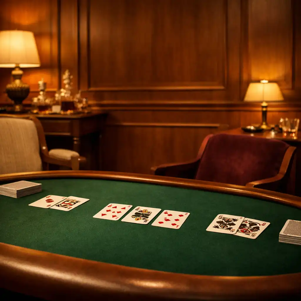 Table de cartes en feutre dans un salon privé aux lumières chaudes et aux boiseries cognac