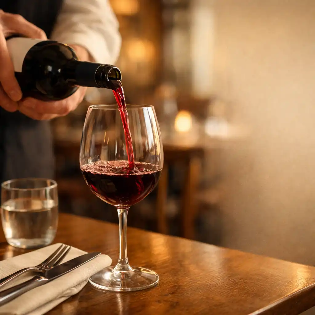 Service du vin à table sur une nappe claire dans une salle de restaurant
